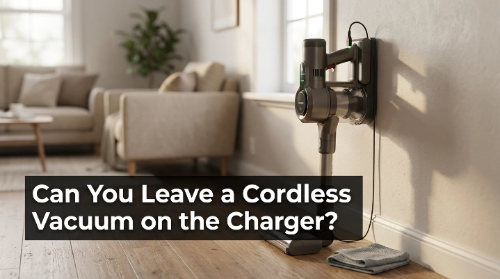 Cordless vacuum resting on its charger in a modern home between cleaning sessions
