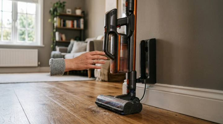 Warm cordless vacuum battery cooling beside its charging dock after high-power cleaning