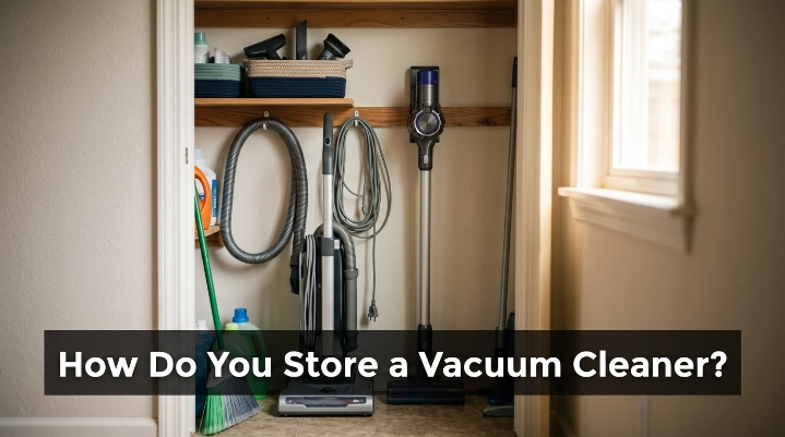 How do you store a vacuum cleaner safely in a dry, organized indoor utility closet?