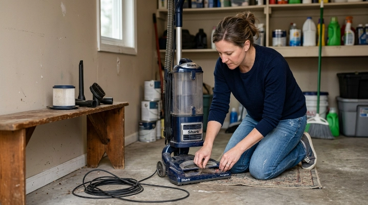 How do you store a vacuum cleaner after emptying the bin and checking the brush roll?