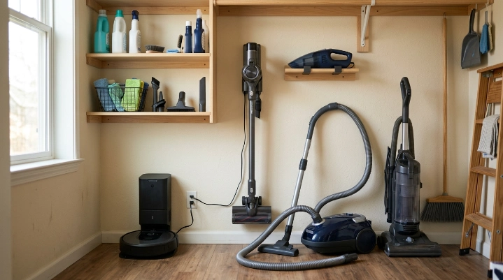Upright, canister, stick, robot, and handheld vacuums stored correctly in a home utility area.