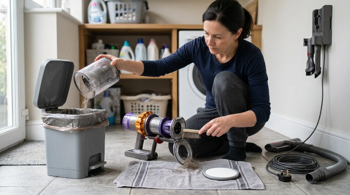 Preparing a vacuum for storage by emptying the bin, cleaning the brush, and drying the filter.