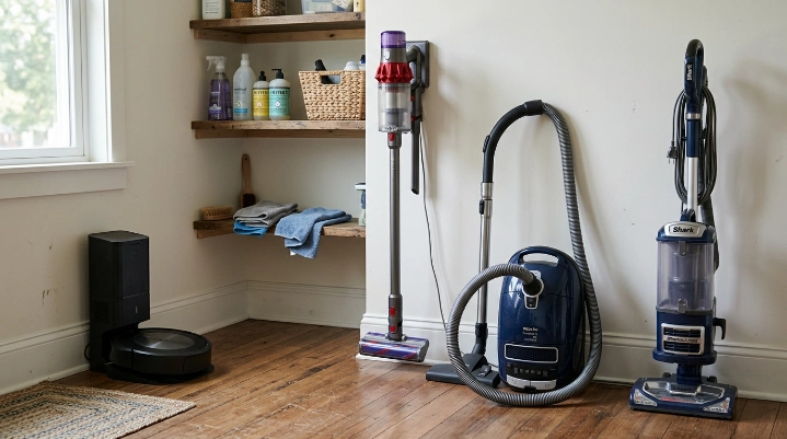 Upright, canister, cordless stick, and robot vacuums stored safely by vacuum type.