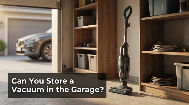 Vacuum in a garage exposed to humidity, heat, dust, storage hazards, and possible condensation risks.