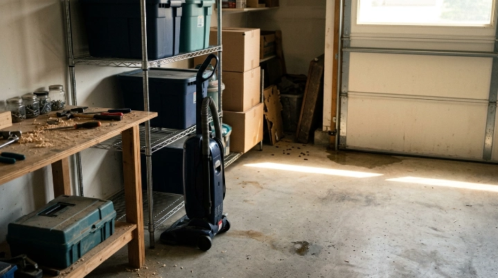 Vacuum in a garage exposed to humidity, heat, dust, storage hazards, and possible condensation risks.