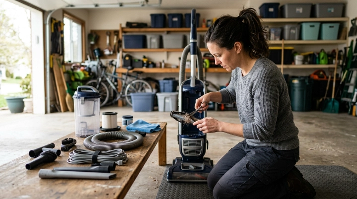 Homeowner cleaning brush roll, filter, cord, hose, and attachments before storing a vacuum in a garage.