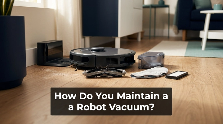 How do you maintain a robot vacuum with brush, bin, filter, sensors, and charging dock care