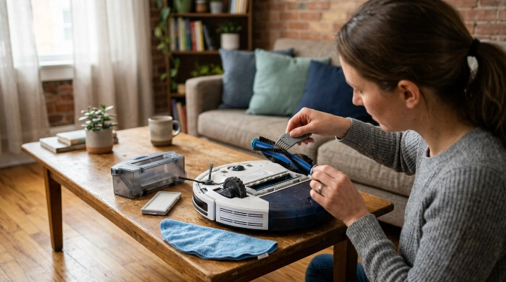 Step-by-step robot vacuum maintenance with dustbin, roller brush, wheels, filter, sensors, and dock