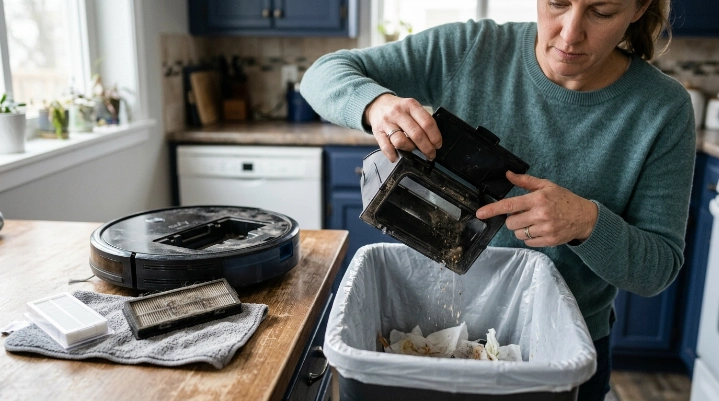 Robot vacuum dustbin emptied into trash while filter is inspected and kept dry