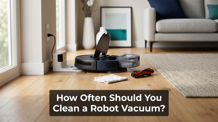 Homeowner cleaning robot vacuum roller, bin, filter, sensors, wheels, and charging dock