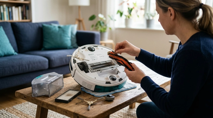 Robot vacuum parts including filter, dustbin, roller brush, side brush, wheels, and sensors