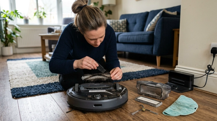 Homeowner cleaning robot vacuum roller, bin, filter, sensors, wheels, and charging dock