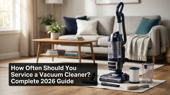 Household vacuum and maintenance parts illustrating how often to service a vacuum cleaner.