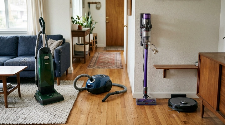 Upright, canister, cordless stick, and robot vacuums shown in realistic home cleaning settings.