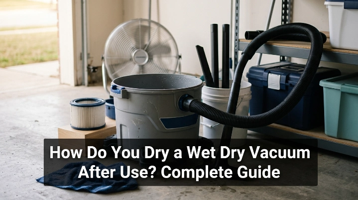 Wet dry vacuum opened with tank, filter, hose, and accessories separated for complete air drying.