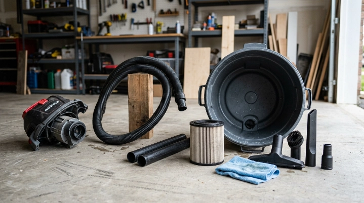 Wet dry vacuum drum, filter, hose, tubes, and accessories separated for complete drying.