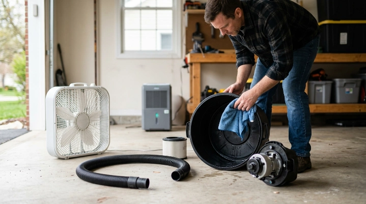 Homeowner wipes an open wet dry vacuum while a fan dries the separated hose, filter, and tools.