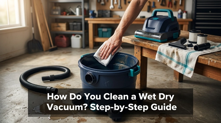 Wet dry vacuum opened for safe tank, hose, attachment, and filter cleaning in a home garage