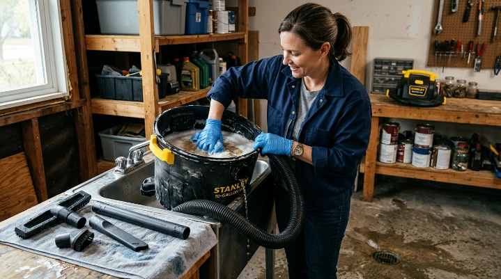Homeowner washing a wet dry vacuum tank while the hose and attachments drain nearby