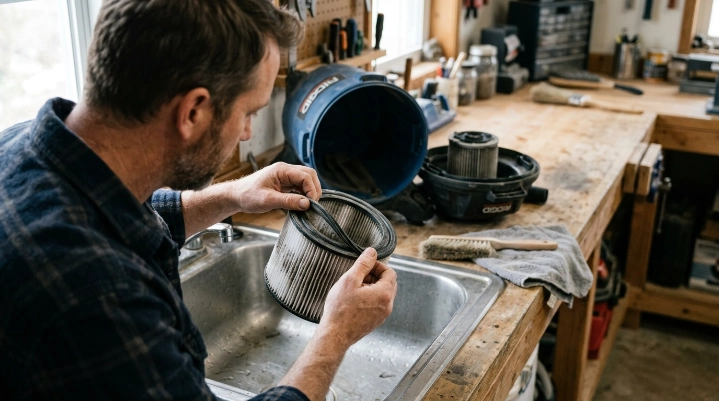 Homeowner inspecting a pleated wet dry vacuum filter for dust, tears, and cleaning needs