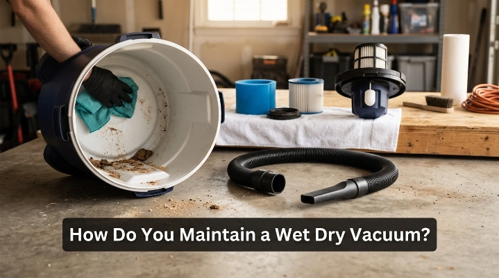 Wet dry vacuum maintenance with tank, hose, filter, and drying components