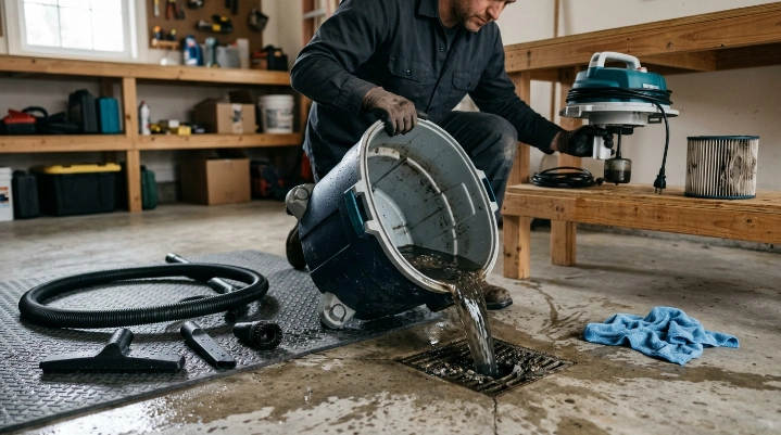 Wet dry vacuum tank drained while hose and washable parts air-dry after use