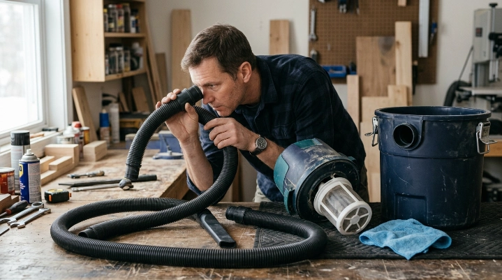 Person inspecting wet dry vacuum hose, float cage, seals, latches, and airflow path