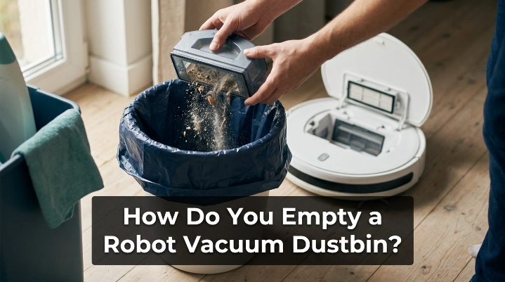 Robot vacuum dustbin being emptied low inside a lined trash can for cleaner maintenance.
