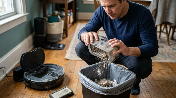 Person emptying robot vacuum dustbin over trash while checking the filter area before reinstallation.