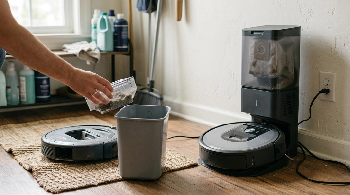 Manual robot vacuum with removable bin beside a robot using a self-emptying dock.