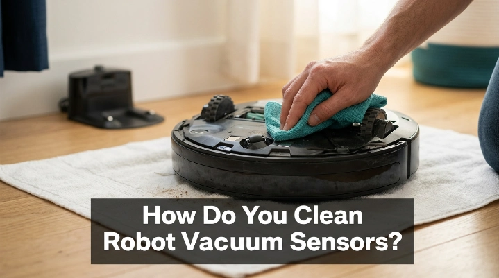 Robot vacuum turned off while its underside sensors are gently cleaned with a dry microfiber cloth
