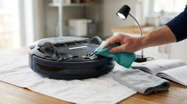 Dry microfiber cloth, lint-free cloth, manual, and robot vacuum arranged for safe sensor cleaning