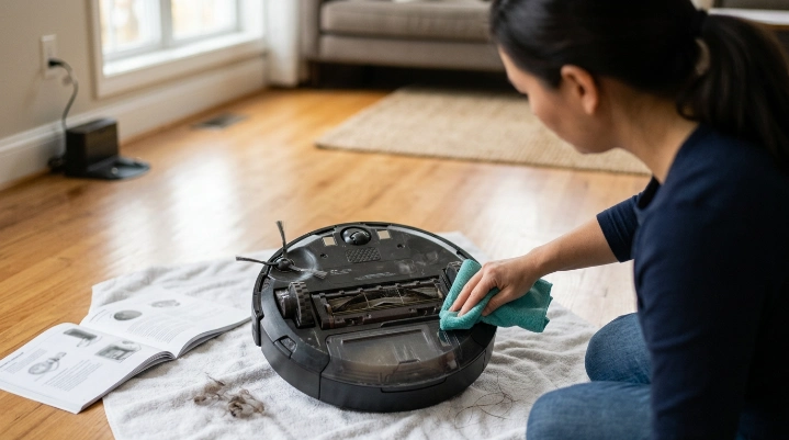 Person cleaning an underside robot vacuum sensor with a dry microfiber cloth on a soft towel