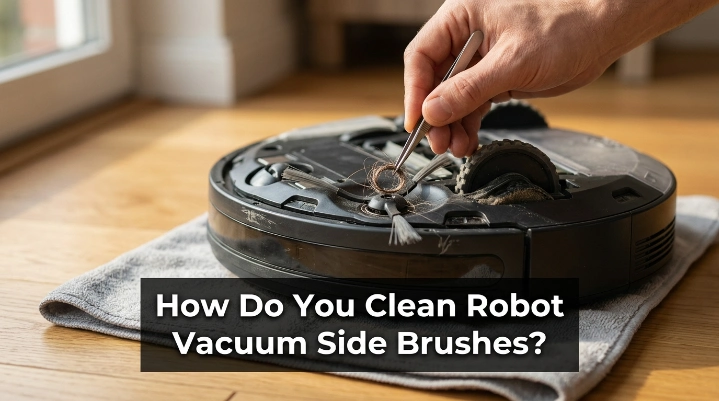 Person cleaning wrapped hair from a robot vacuum side brush hub with tweezers