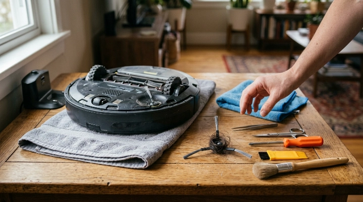 Microfiber cloth, tweezers, scissors, screwdriver and soft brush beside a robot vacuum side brush