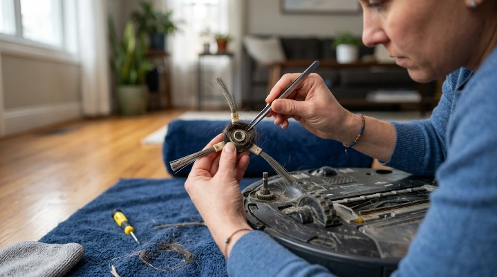 Person removing hair from the hidden hub of a detached robot vacuum side brush