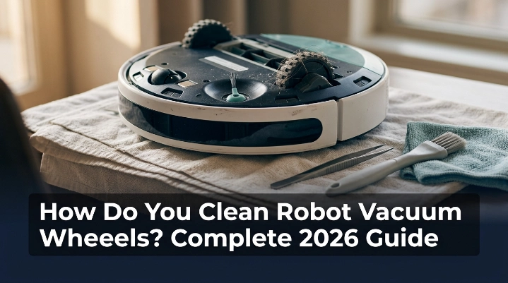 Robot vacuum upside down with tools used to clean robot vacuum wheels safely.