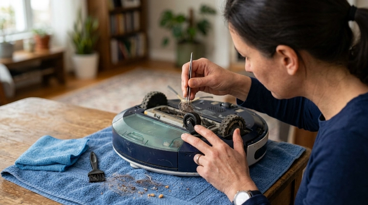 Person removing wrapped hair from a robot vacuum caster wheel with tweezers.