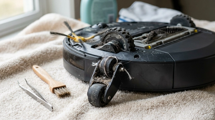 Robot vacuum caster and drive wheels showing hair, grit, and tread buildup.