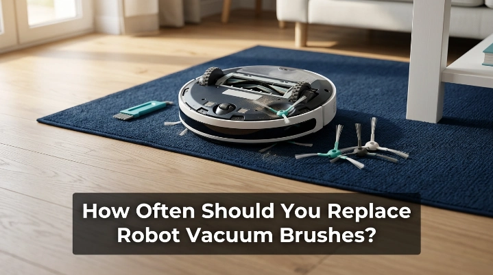 Robot vacuum with worn main and side brushes beside fresh replacement brushes.