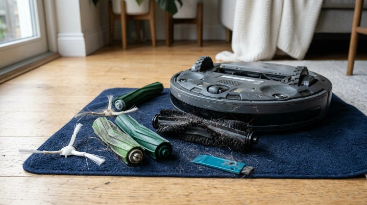 Worn main roller and side brush compared with fresh robot vacuum replacement brushes.