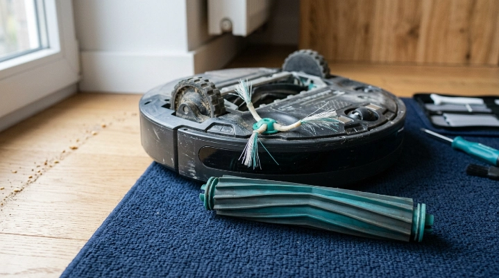 Robot vacuum brushes with flattened bristles, torn rubber fins, and permanently bent side arms.