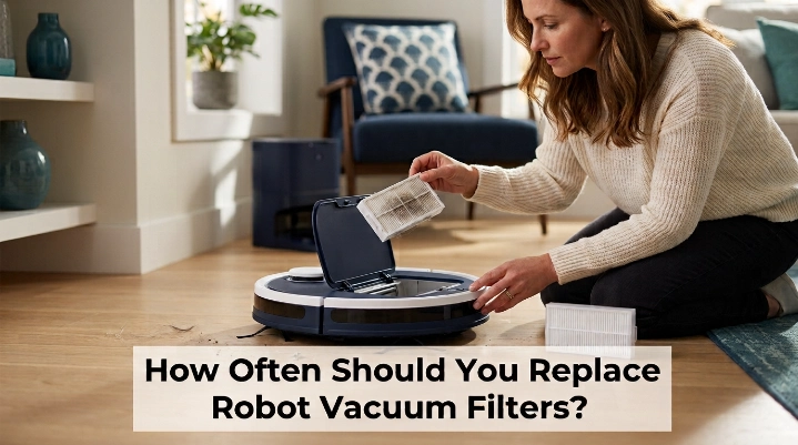 Homeowner inspecting a dusty robot vacuum filter beside a clean replacement filter.
