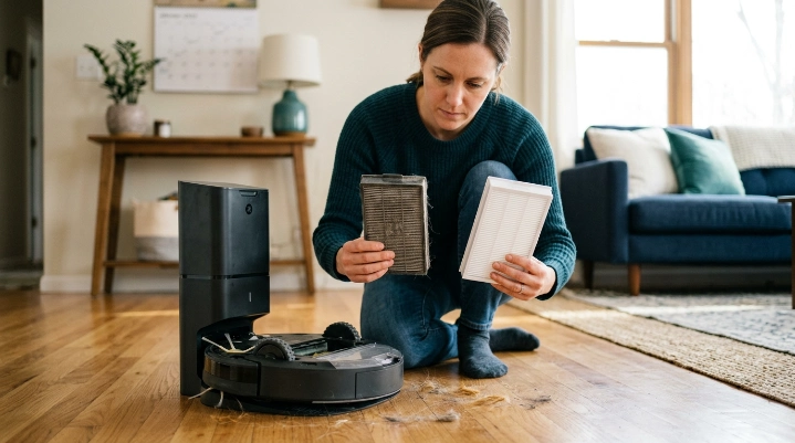 Homeowner comparing a dusty robot vacuum filter with a fresh replacement in a living room.