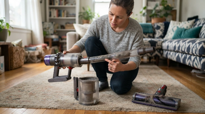Dirty filter, clogged hose, and tangled brush roll showing common causes of weak vacuum suction.