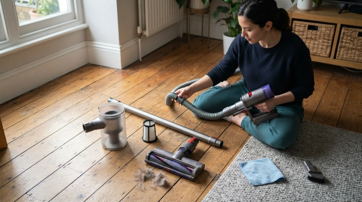 Homeowner checking vacuum filter, bin, hose, wand, floorhead, brush roll, and connections.