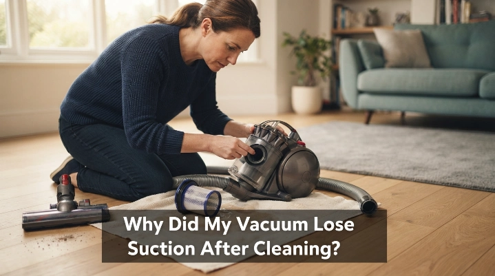 Why did my vacuum lose suction after cleaning? Homeowner checks filter, hose, bin, and floor head.