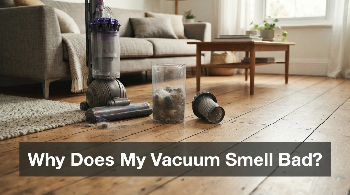 Why does my vacuum smell bad with open dust bin, filter, pet hair, and household debris