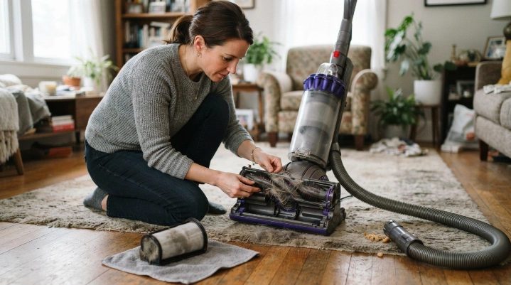 Homeowner inspecting vacuum filter, hose, dust bin, brush roll, and belt for odor sources