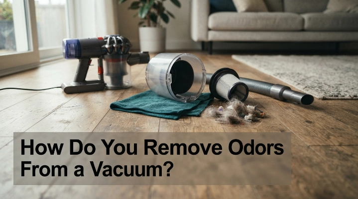 Vacuum parts removed for cleaning to show how to remove odors from a vacuum.